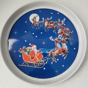 SNP Santa & Reindeer Snack Tray Round Tin Christmas Holiday Seasonal Vintage